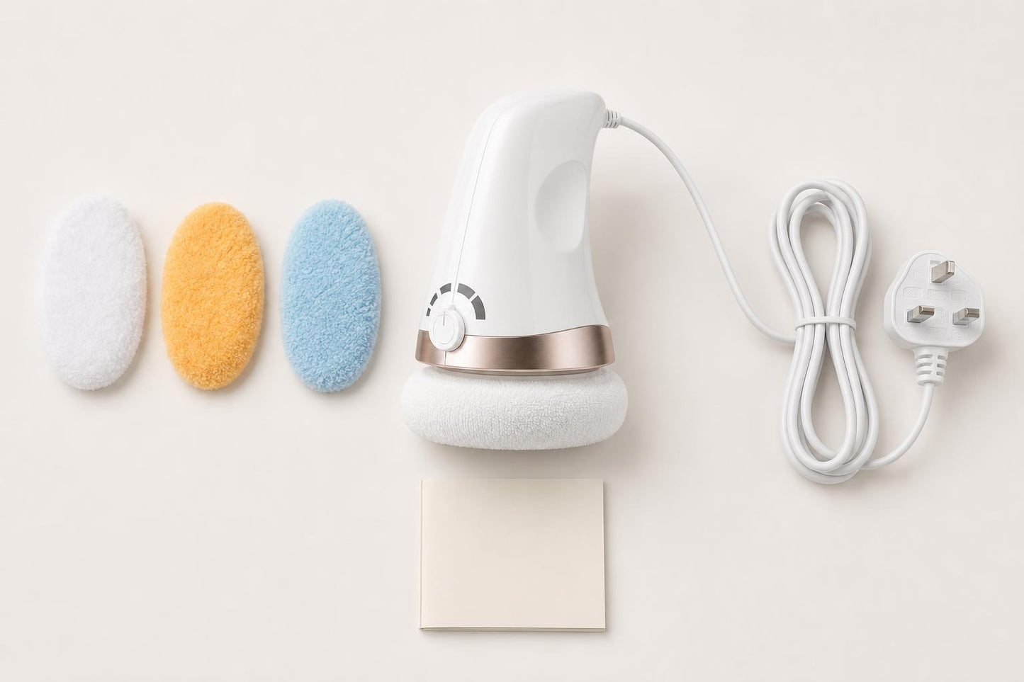 What is in the box: the massager, three washable terry pads, UK mains cable and manual