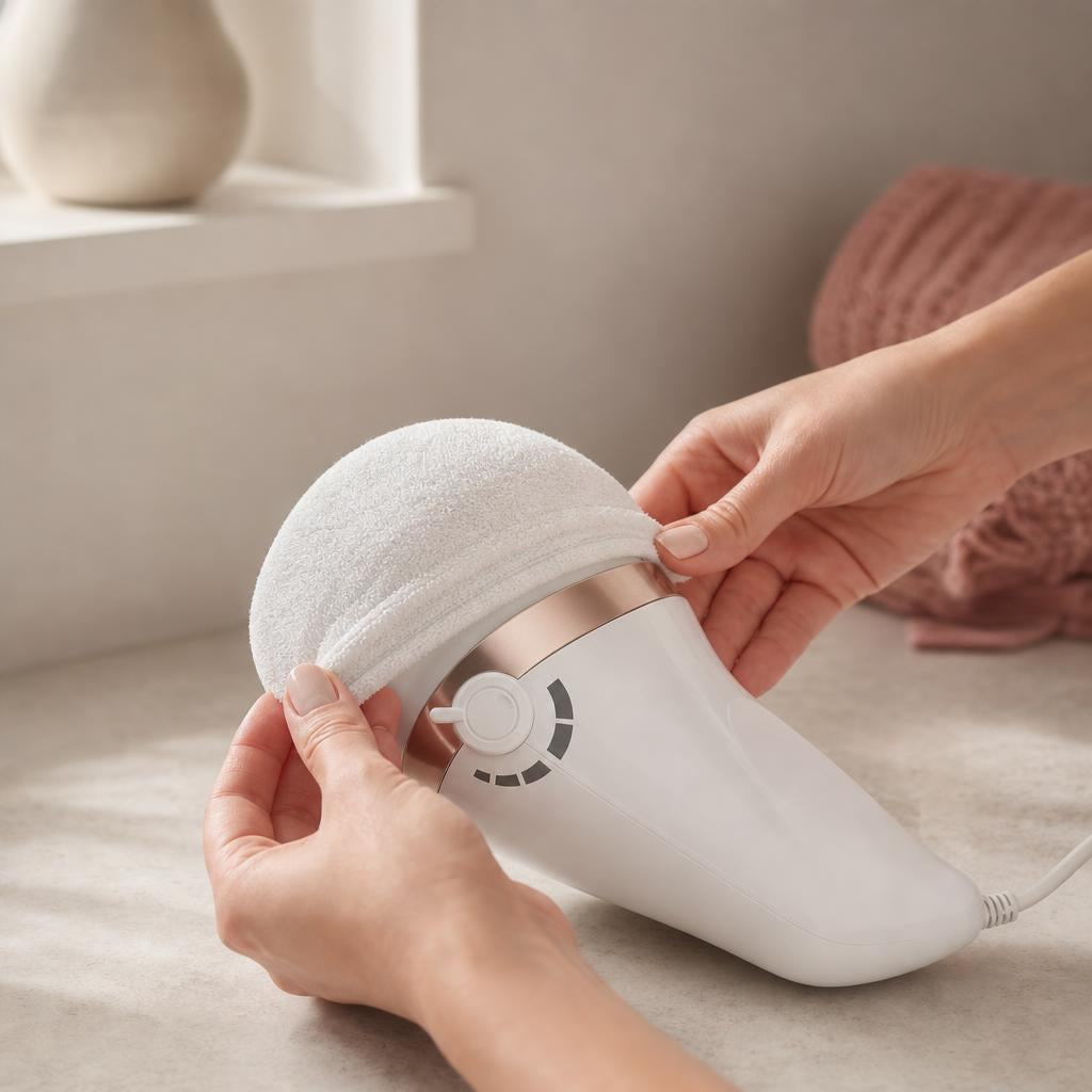 Fitting a washable terry pad cover over the massage head